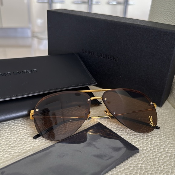 Saint Laurent Gold Frame Sunglasses with Brown Lenses - Picture 1 of 7